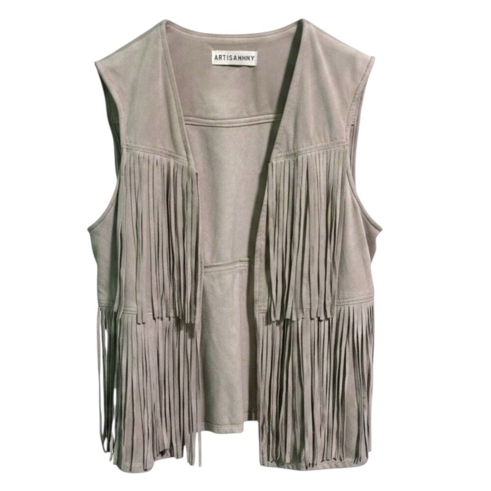 Artisan NY Fringe Vest Women’s M Beige Faux Suede Open Front Western Boho